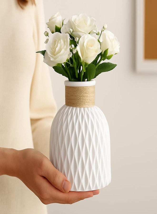 Vendola Plastic Pineapple Shape Decorative Vase with Jute Rope Top | Ceramic Look, Unbreakable Flower Pot for Centre Table, Balcony & Living Room Decor | Only Vase (No Flower) (White) - Image 1